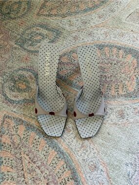 Prada White Polka Dot Heels with Burgundy Accents
